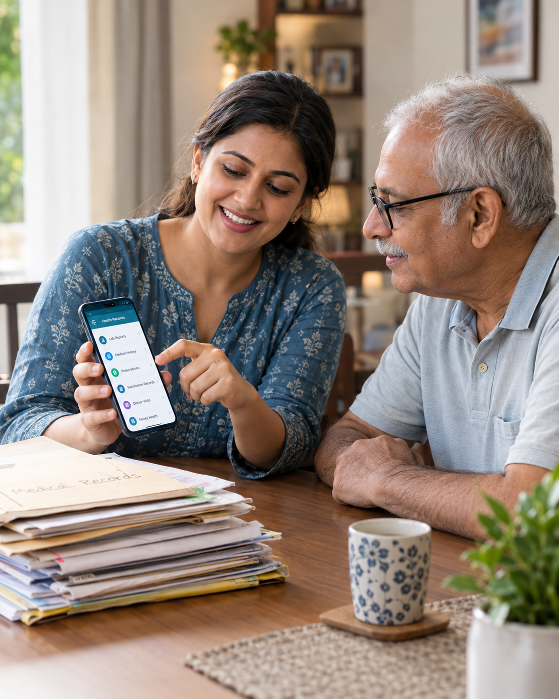 Daughter reviewing indexed blood reports with elderly father